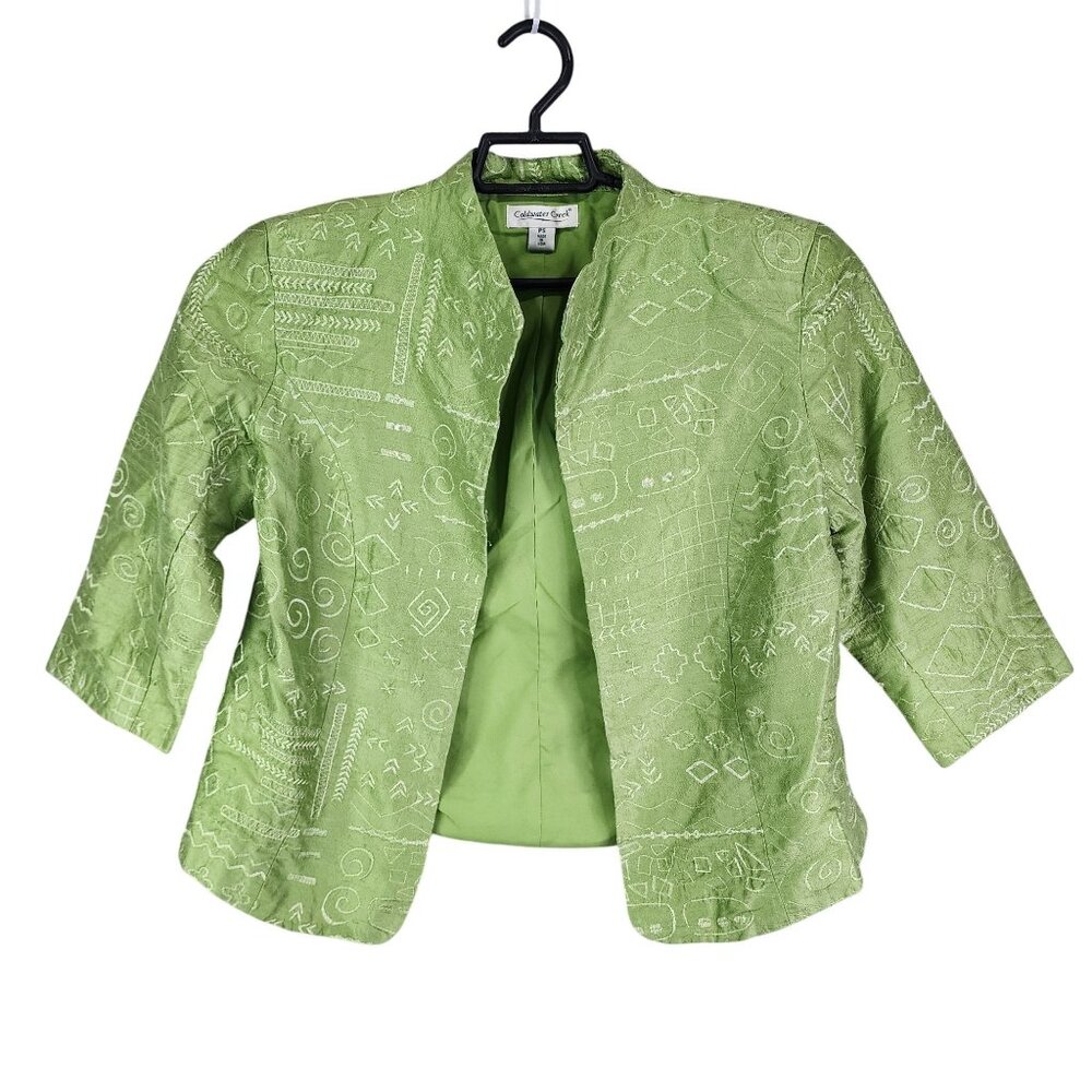 Womens Petite Coldwater Creek Green Embroidered Silk Jacket Open Front Size PS